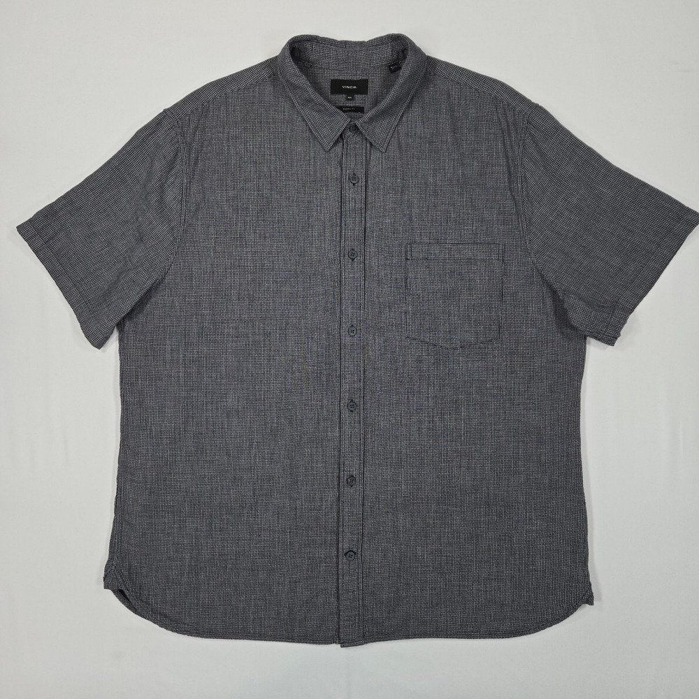 Vince Men XXL Navy Textured Cotton Short Sleeve Shirt Minimalist Quiet Luxury